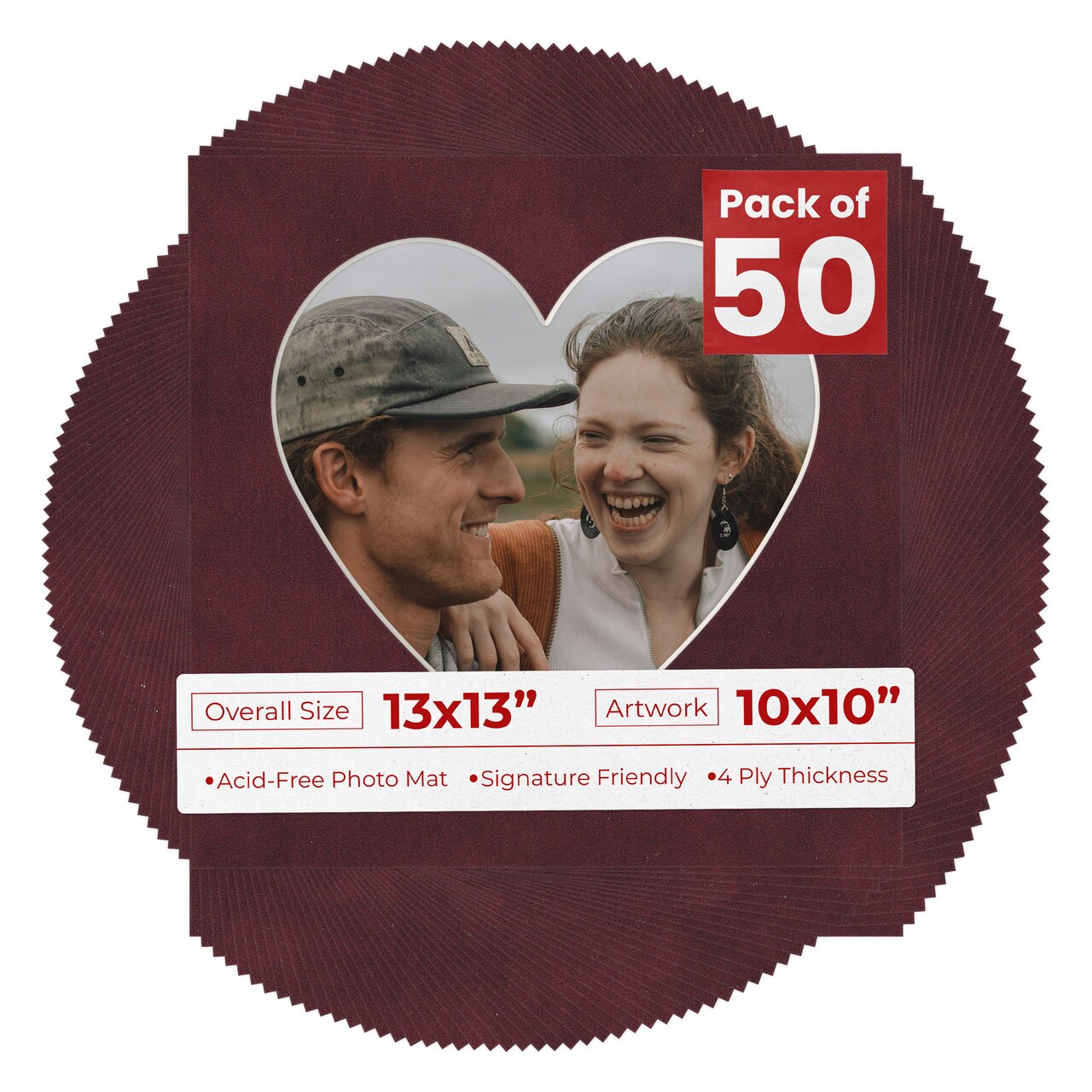 Dark Red Suede Mat Board for 13x13 Frames - Heart Opening for 10x10 Photos